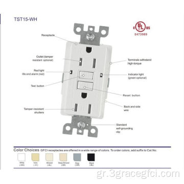 UL απαριθμημένη GFCI Outlet 15AMP 125V